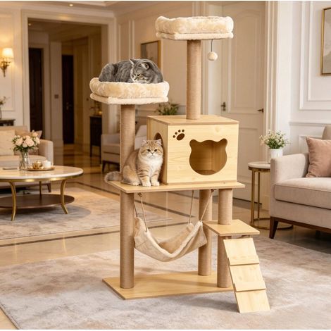 Mehrstufiger Kratzbaum 130 cm beige und braun OKMYHOME (1/5)