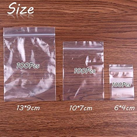 TUPARKA 3 tailles, 300 sacs en plastique transparents réutilisables avec fermeture éclair, refermables et imperméables, pour la cuisine et les loisirs créatifs. (1/3)