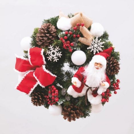 Corona di Natale in pvc verde Ø 40 cm con Babbo Natale, pigne, sfere e nastro in velluto