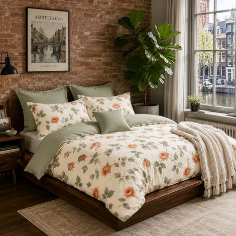 Parure de lit 3 pièces Peach Rose Botanical 100 % satin de coton Housse de couette réversible 200 x 220 cm 2 taies d'oreiller 70 x 80 cm Tissu doux, respirant et élégant à imprimé floral (1/5)