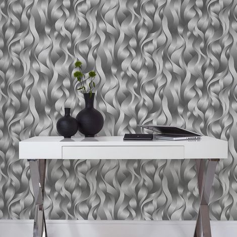 Papier peint tendance gris graphique avec ondulations | Tapisserie graphique moderne chambre adulte | Papier peint intissé couloir (1/3)