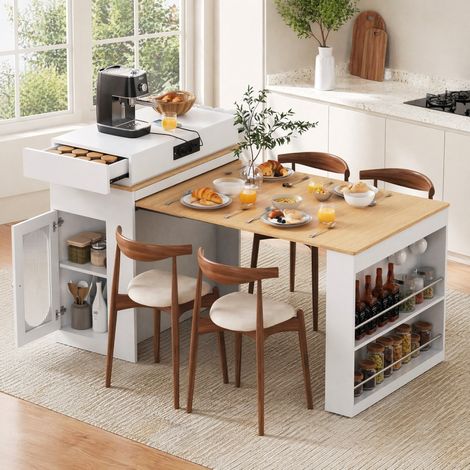 Isla de cocina extensible 83x46x96 cm en MDF blanco con enchufes, para espacios pequeños – MEUBLIV (1/5)