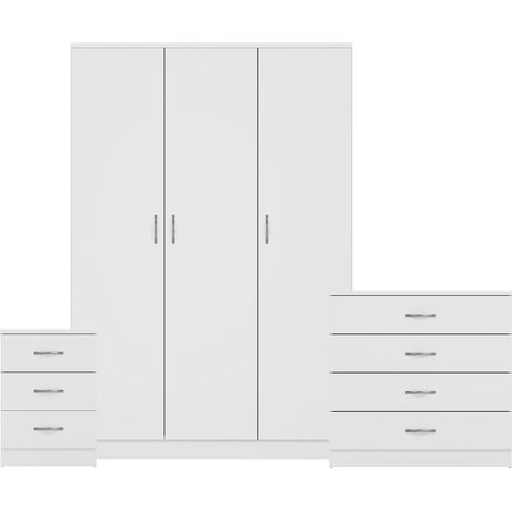 Riano 3 Piece Bedroom Set (3 Drawer Bedside Chest, 4 Drawer Chest, 3 Door Wardrobe), White (1/3)
