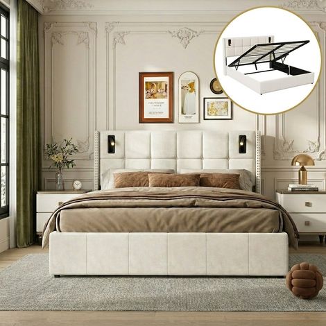 Lit coffre 140x190,lit 140x190 avec sommier à lattes,lampe de lecture,lit double capitonné,lit adulte,lit 2 personnes,tissu en velours,Beige (1/5)