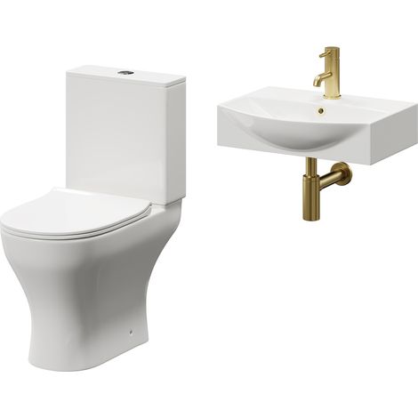 Wholesale Domestic Tondela 500mm Wall Hung Basin and Toilet Suite including Round Brushed Brass Bottle Trap and Open Back Toilet (1/5)