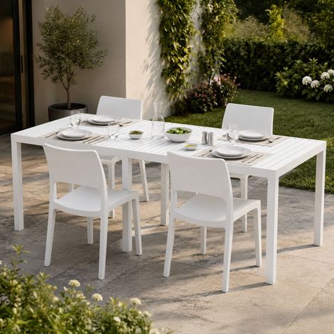 Gartenset Masisanno, 4-Sitzer Outdoor-Sofa, Ausziehbarer Tisch Made in Italy, Lamellenoptik, Weiß (1/5)