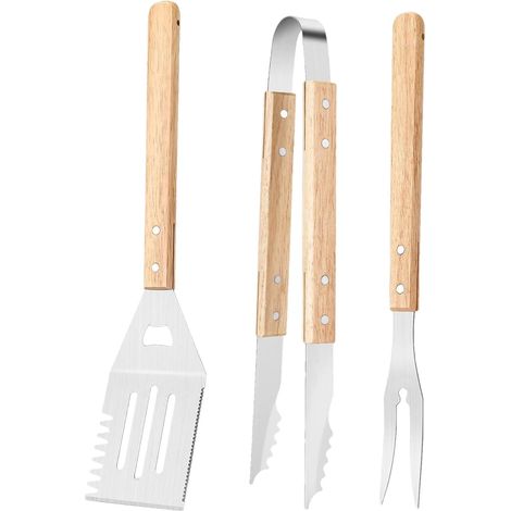 Set d'Ustensiles de Barbecue 3 Ustensiles pour Cuisson Extérieure Cuisine Résistants à la Chaleur avec Poignée en Bois Antidérapant et Accessoires Acier Inoxydable p - (1/5)