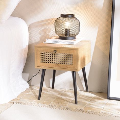 CHARLIE - Table de chevet bois 1 tiroir effet cannage marron (1/5)