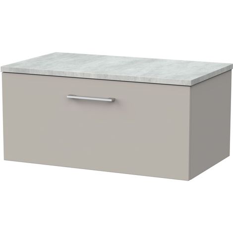 Pershall Contemporary Wall Hung 1 Drawer Vanity Unit with Bellato Grey Laminate Worktop, 800mm, Pebble Grey