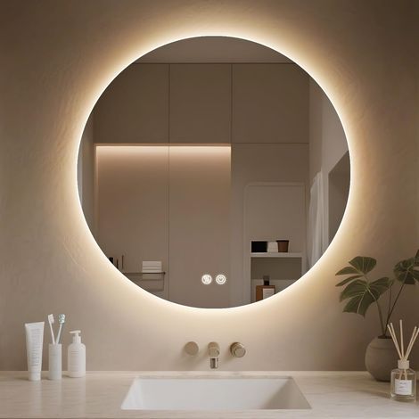 Miroir Rond Salle de Bain, LED Miroir Salle de Bain Lumineux, Anti-buée, 3 Couleurs Lumière, Dimmable, Mémoire, Verre trempé HD, IP44, Toucher Intelligent (Rond, 60 cm) (1/5)
