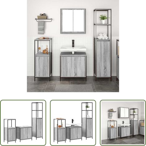 Holzwerkstoff -  Badezimmermöbel-Set 3 pcs Grau Sonoma und Schwarz Holzwerkstoff (1/5)
