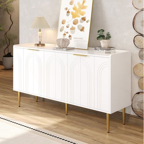 Sideboard 140x38x75 cm Weiß MDF mit 4 Türen, verstellbaren Einlegeböden und goldfarbenen Metallbeinen (1/5)