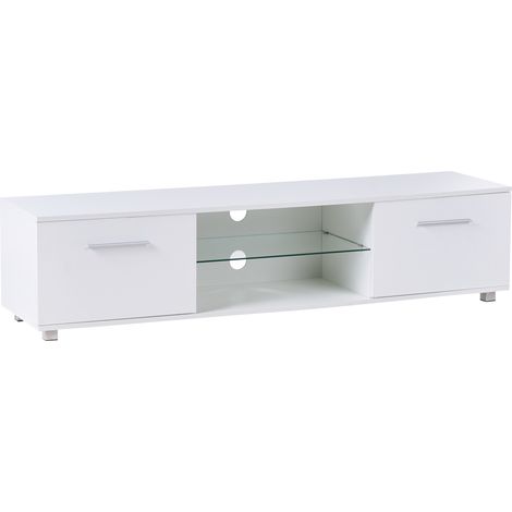 Mueble TV moderno con puertas gestión de cables con LED patas de metal MDF blanco Banff