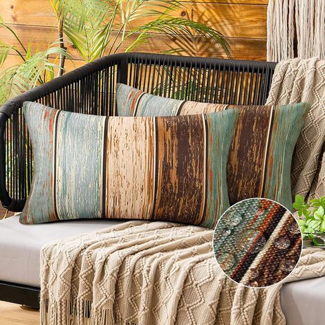 Housse de Coussin 30x50 Housses de Coussin Moderne Housse Coussin Canape Taie d'oreiller Bleu Vert Marron Rayures Bois Vintage Rustique Housses Coussins Canapé Maison Décor Protecteurs Lot de 2 (1/5)