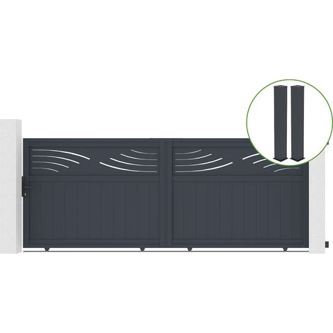 Portail coulissant 3,7m HALTI H.140cm alu gris + 2 poteaux 20x20cm H.166cm (1/5)