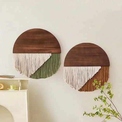 Tapisserie bohème semi-circulaire en bois avec pompons, ensemble deux pièces, tapis en coton fait main, décoration murale Wabi-Sabi pour chambres d'hôtes, tenture murale ronde - 40 x 40 cm (1/2)