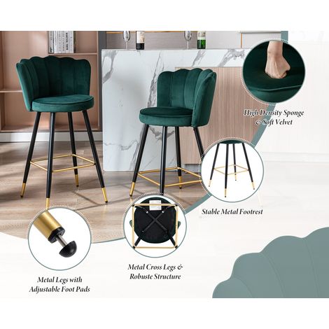 Wahson Lot de 2 tabourets de bar en velours vert – Hauteur d'assise 66 cm – Pieds en métal noir – Design moderne pour cuisine et bar