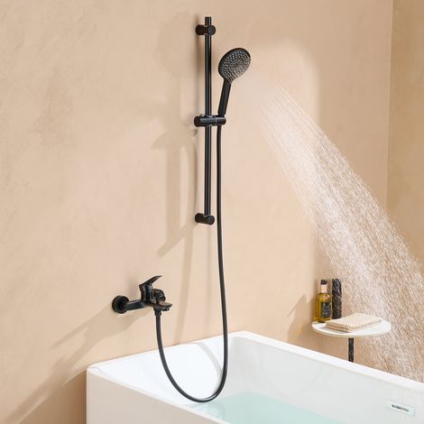 AURALUM MAX Sistema doccia nero, Colonne doccia meccaniche con 3 funzioni doccetta, rubinetto per vasca, asta doccia regolabile in altezza in acciaio inox da 70 cm, per vasca e bagno
