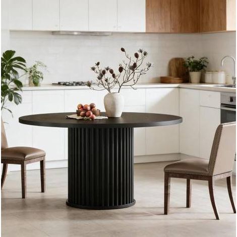Table à manger ronde 120x120x75 cm noire en bois avec base métallique réglable (1/5)