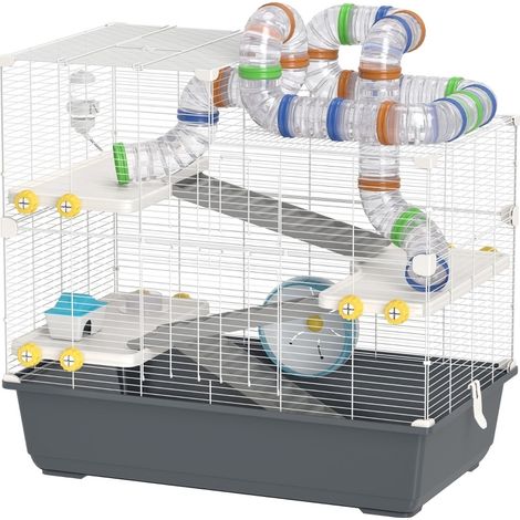Cage pour hamster nain à 4 niveaux avec tunnels, accessoires, 78 x 45 x 73 cm, grise (1/5)