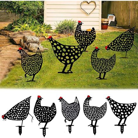 Décoration Jardin Métallique Silhouette Exquise de Poulets 5PCS, Décoration de Plancher de Pelouse réaliste Art de Cour de Poulet piquets de Jardin décoratifs décor de Cour de Poule (1/4)
