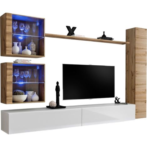 Composizione parete SWITCH XVIII mobile TV sospeso bianco lucido e rovere Wotan