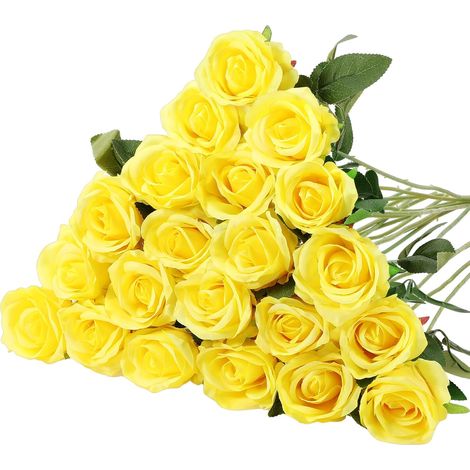 20 roses artificielles à longues tiges – Bouquet réaliste de roses artificielles à l'aspect soyeux (jaunes) – Lot de fleurs en vrac pour la décoration intérieure, les mariages, les fêtes et la décora (1/4)