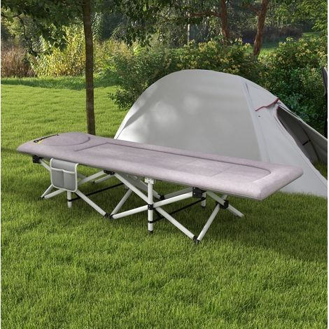 Cama de camping plegable de acero, gris, 200x65x42 cm, con cojín integrado y bolsa portaobjetos