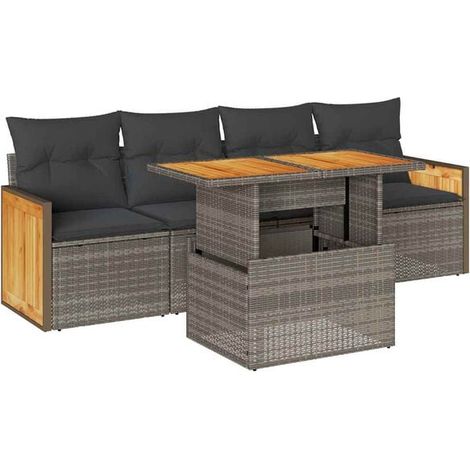 Ensemble de mobilier de jardin cinq pièces, avec coussins gris, tressé en rotin d'acacia. (1/5)