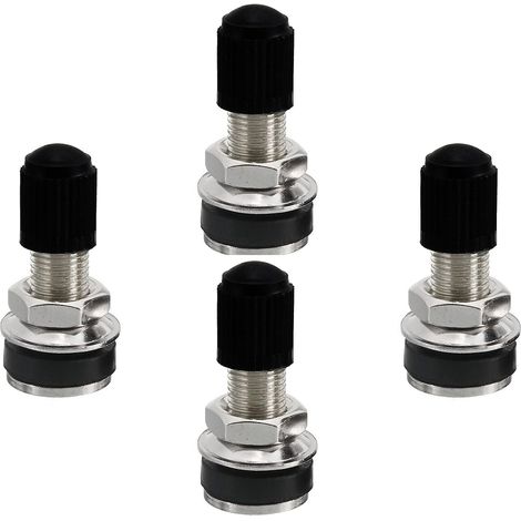 Lot de 4 valves de pneu avec bouchons anti-poussière - En métal - Sans chambre à air - Cuivre par jantes - Pour pneus de voiture et moto - Argenté/noir (1/5)