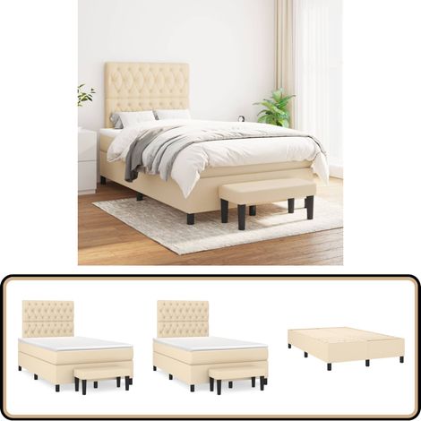 Sommier à lattes de lit avec matelas Crème 120x200 cm Tissu - Lit Plateforme - Lit Double - Matelas À Ressorts Ensachés - Têtière Ajustable - Banc Rangement