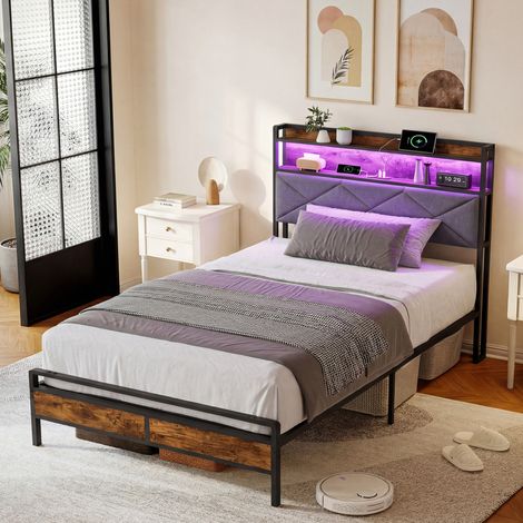 JOOKGBD–Einzelbett gepolstert 90x200 cm,Jugendbett,Bett mit Stauraum,LED-Beleuchtung und USB-Anschluss,Metall-Lattenrost,Bezug aus Leinen,Grau