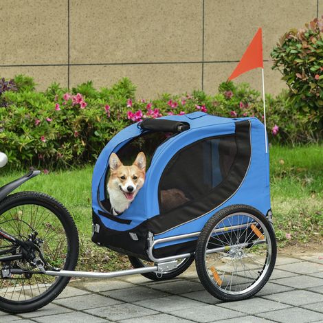 Remorque velo pour chien animaux avec 8 reflecteurs drapeau bleu noir (1/5)