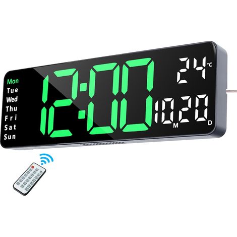 Horloge Numérique Murale LED, Digitale Grande Affichage 32cm avec Télécommande, Température, Date, Jour, 2 Alarmes, 12/24H, Luminosité Réglable Pendule Murale pour Salon Cuisine Bureau, Vert (1/5)