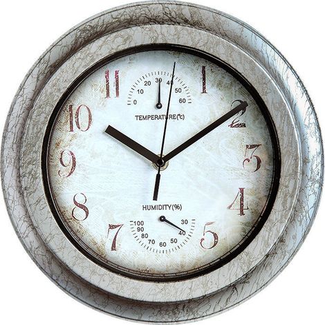 Horloge extérieure étanche avec thermomètre et hygromètre, horloge murale en métal, silencieuse (sans tic-tac), alimentée par piles, convient aux piscines, jardins, terrasses, clôtures et porches. (1/3)