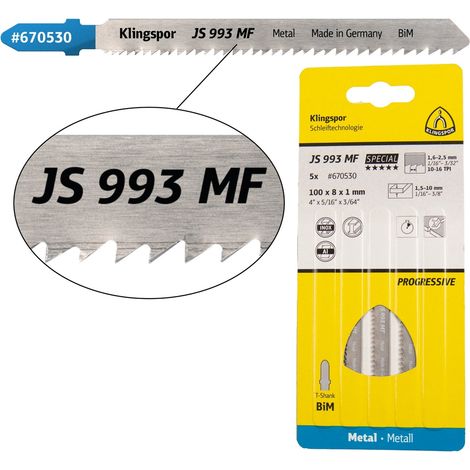 Klingspor JS 993 MF Stichsägeblätter, 100 x 8 x 1 mm Nutzlänge 75Bi-Metall, gefräst, geschränkt , 10-16 Zähne pro Zoll, SB-verpackt im Karton