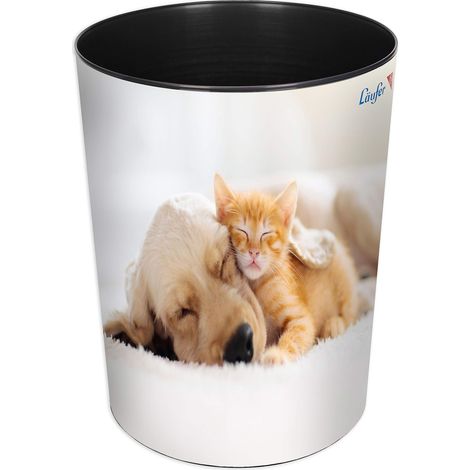 corbeille à papier avec motif chien et chat, poubelle de 13 litres, parfait pour la chambre d'enfant, rond, plastique solide, motifs différents (1/2)