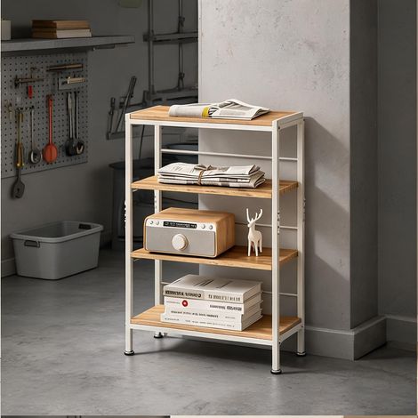 Étagère autoportante 4 niveaux Blanc Chêne clair Métal MDF (1/5)