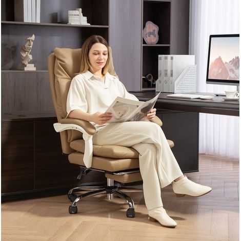 Chaise de bureau 65x76x113-121 cm marron en cuir synthétique avec repose-pieds et accoudoirs relevables (1/4)