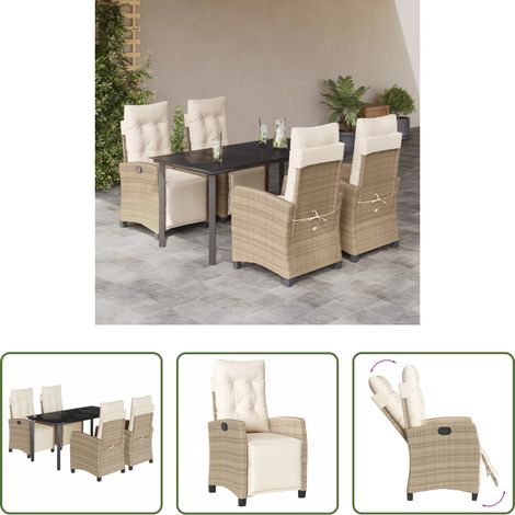 Gartenessgruppe - 5-tlg. Garten-Essgruppe mit Kissen Beige Poly Rattan (1/5)