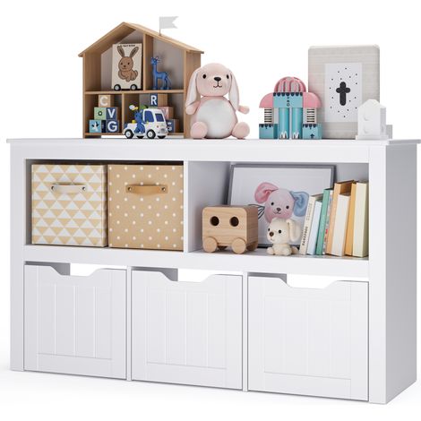 Mobiletto Porta-giocattoli per Bambini Bealife Libreria con 3 Cassetti  2 Vani Portaoggetti Aperti  Adatto a Camere da Letto Soggiorni camerette Bianco 102 x 30 x 60 cm (1/5)