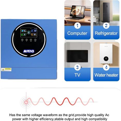 Inversor solar híbrido, potencia nominal 4200 W, potencia máxima del conjunto fotovoltaico 6200 W, corriente de salida 120 A, tensión de entrada 230 V CA, dimensiones 48 x 41 x 19 cm (1/5)