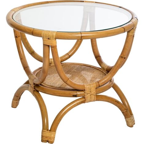 Bout de canapé en rotin et verre trempé coloris naturel - Diamètre 60 x Profondeur 50 cm (1/5)