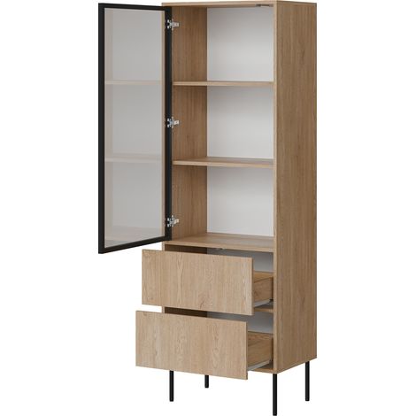 Vitrina Zanica, Mueble Expositor 2 Estantes, 2 Cajones, 1 Puerta, 60x40x185h cm Marrón Roble