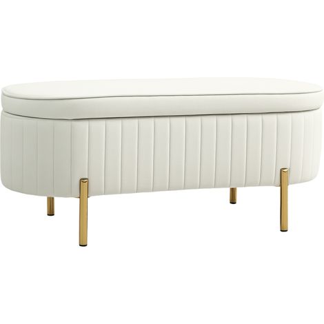 Bout de lit de rangement en velours crème, coffre avec couvercle et pieds métalliques, capacité 72 L, dimensions 108x44x43,5 cm, idéal pour salon ou chambre. (1/5)