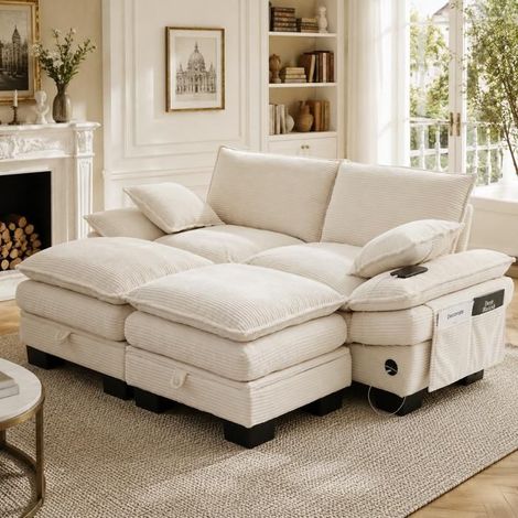 Canapé modulable 2 places en velours côtelé, avec pouf, avec rangement, ports USB et Type-C, 190 x 132 x 84 cm, beige (1/5)