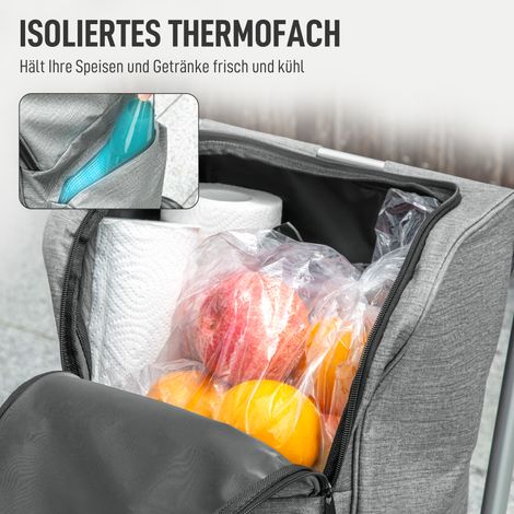 Sac de courses pliable 46 L, chariot de courses avec glacière, poignée réglable, cadre en aluminium, gris (1/5)