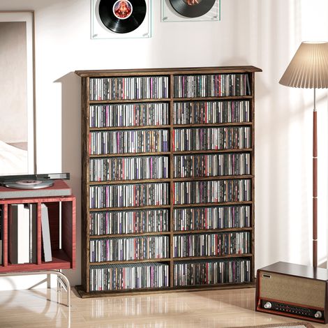 Meuble de rangement pour CD et DVD avec 16 compartiments et 12 étagères réglables, capacité maximale 720 CD / 396 DVD et Blu-ray, marron