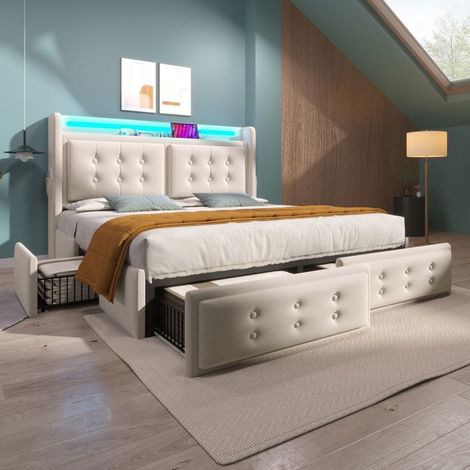 Lit coffre - SOGEU - 140x200 - Sommier inclus - LED intégrée - Tête de lit rembourrée (1/5)