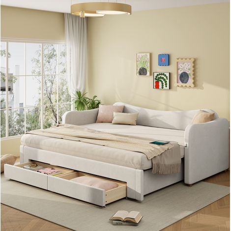Bett 90x200 Ausziehbar mit Stauraum Samt Beige OKMYHOME (1/5)